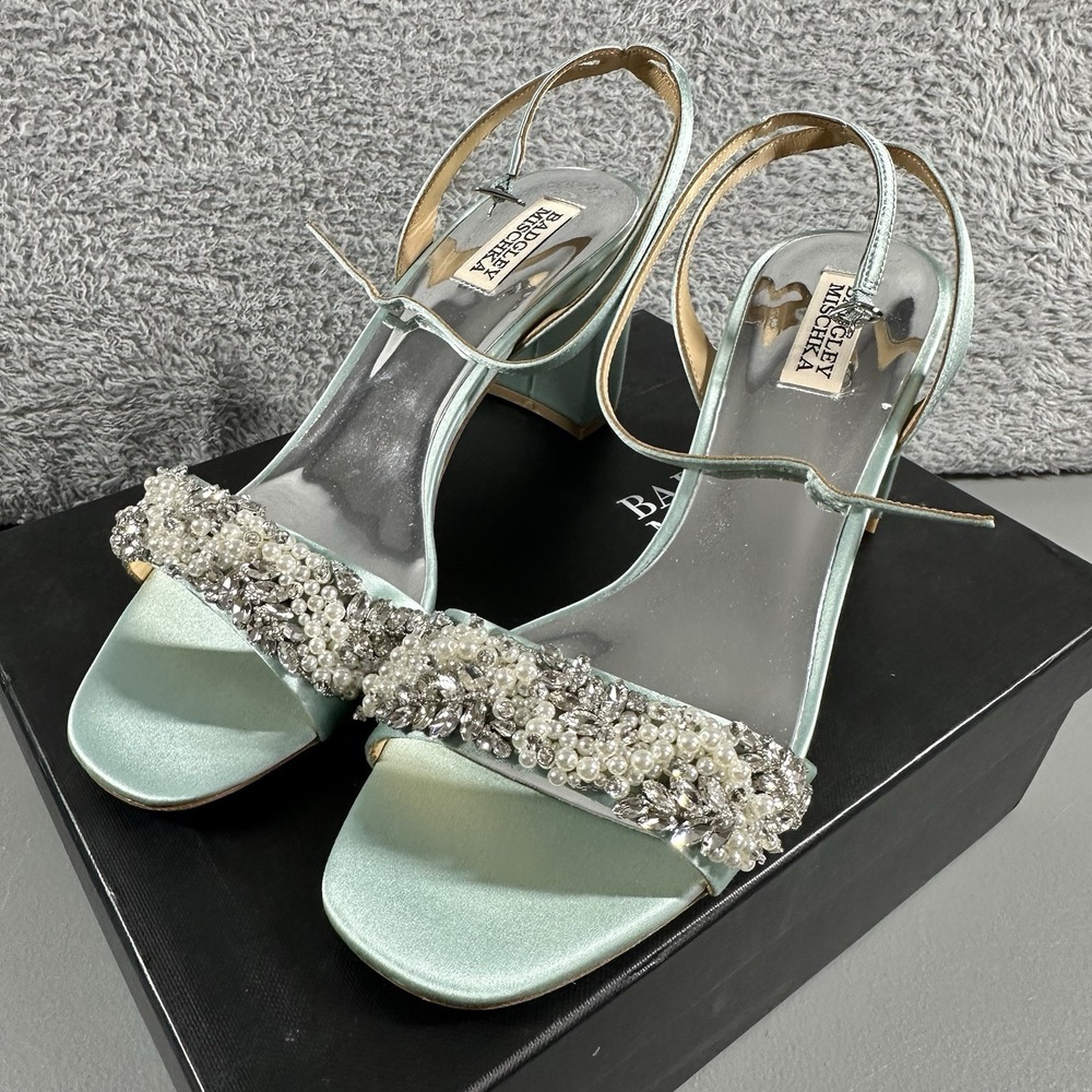 Badgley Mischka‎ Clara Embellished Strap Evening Shoe Teal Blue Size 10 3" Heel